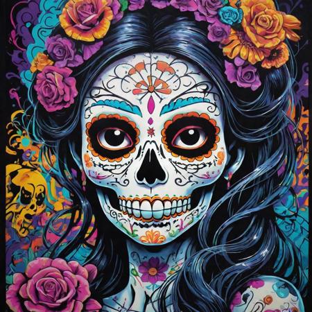glow in the dark poster, hyper detailed in the style of light box, in the style of playful graffiti-inspired murals,  dia di muertos , psychedelic manga, contrasting shadows, terrorwave