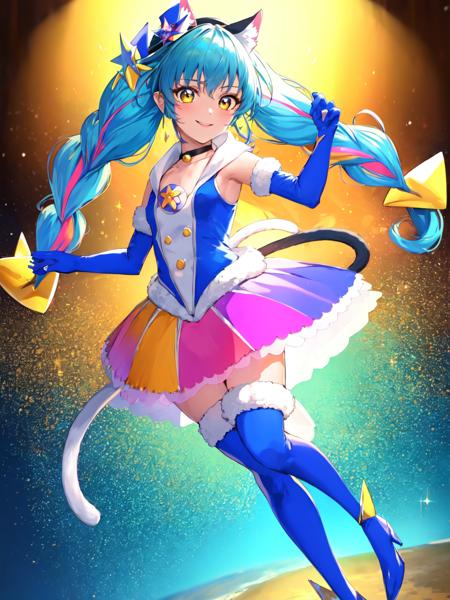 cure cosmo cat girl, mini hat, multicolored hair, blue elbow gloves, blue thigh boots, choker, collar
