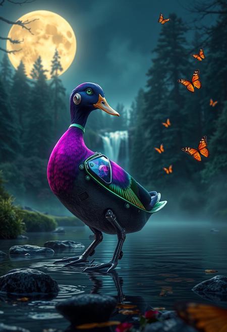 Against a backdrop of moon-lit enchanted forest,a biomechanical duck stands out in stark contrast. Vibrant hues of electric purple and neon green adorn its mechanical limbs,while its colorful feathers shimmer with iridescent sheen. As it crosses the shallow river,the duck's gaze is fixed on the distant waterfall,its gemstone eyes sparkling. some colourful butterflys flying around, The natural landscape provides a dramatic frame for this forest,bathed in the glow of moon,vibrant colors,backlight,high contrast,ultra realistic,dof,(subsurface scattering),fog. Steampunk,