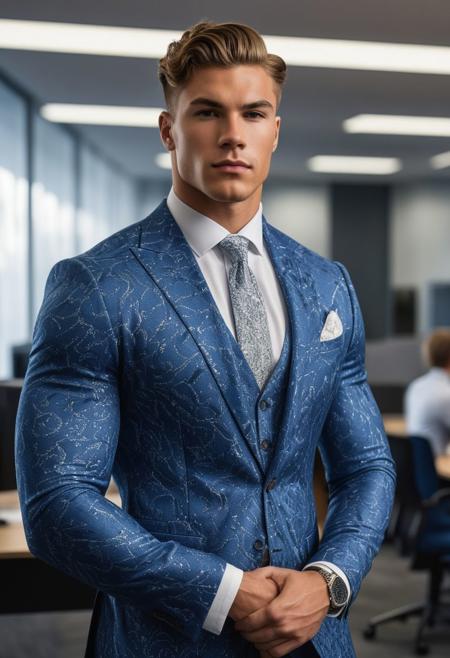 a strong 22-year-old american hunk bodybuilder male, with a fringe up wavy undercut hairstyle, detailed face, mindless expression,  wearing a blue suit with silver patterns, wearing pants,  on a modern office, standing at attention pose, looking at viewer, portrait, photography, detailed skin, realistic, photo-realistic, 8k, highly detailed, full length frame, High detail RAW color art, diffused soft lighting, shallow depth of field, sharp focus, hyperrealism, cinematic lighting