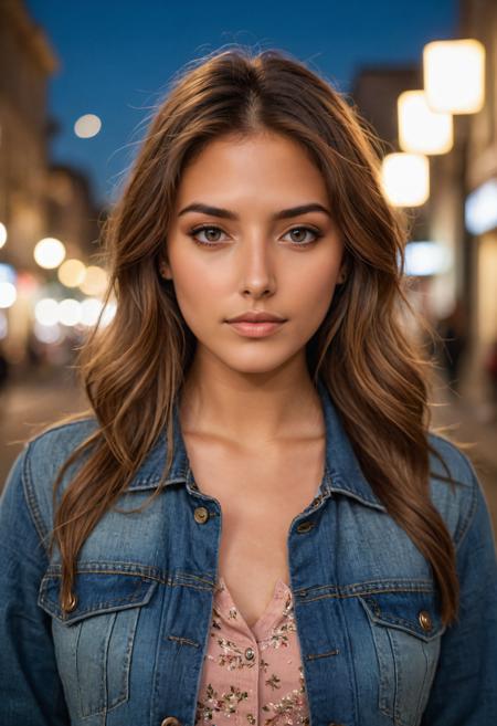 a beauty shot photo of a 19-year-old Brazilian woman with light hazel eyes and brown hair. Focus on a headshot close-up, highlighting her striking features. Set the scene in a city at night, using broad light to illuminate her face. Incorporate a bokeh effect in the background to add depth and a touch of urban charm