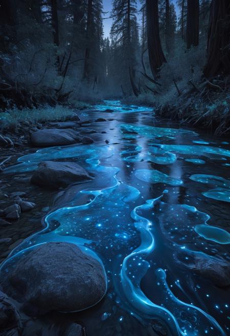 Bioluminescent forest. Bioluminescent river. Bioluminescent moon.
Award winning masterpiece.
Ansel Adams photo