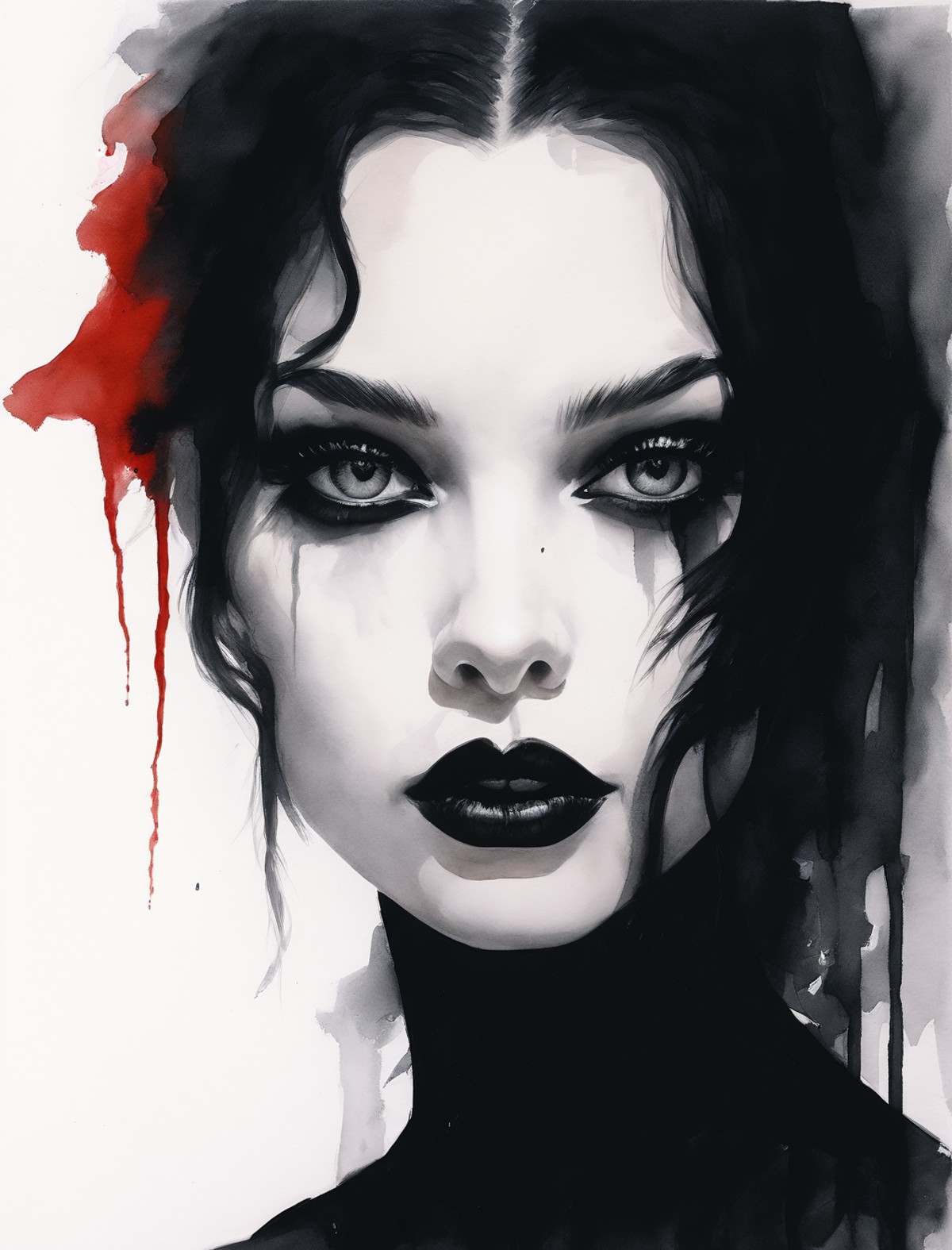 watercolour painting of a goth woman’s eyes and lips with black lipstick on, white background, black and white palette wit...