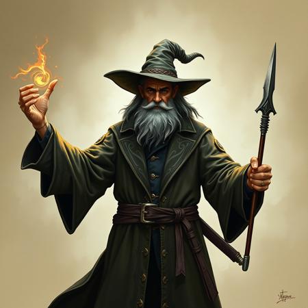 a wizard with four arms, wearing a detailed overcoat.
In one arm, he casts a spell, in the other a magic circle,
and in the other two arms, he holds weapons