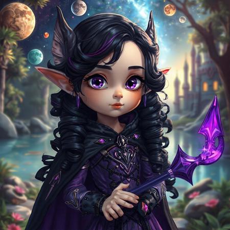 1girl, fantasy elf, long fantasy elven ears, natural lighting, realistic style, round cheek bones, full lips, small mouth, small nose, round face, black velvet boots laced with leather straps, petite, ((very thin waist:1.5)), body shaped like hourglass, long curled black hair with purple highlights, purple eyes, pupils showing, colourful planets and moon and stars and space in the background, a tome, zoomed out, full veiw, a purple elven metal armor, wearing a purple magical staff, long black cloak, hyperealistic, fantasy castlle sitting in a magical jungle in the background, a lake in the background, cute face, purple dress,