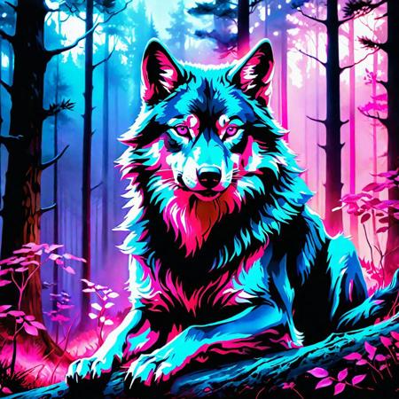 (Digital watercolor Illustration of a (a wolf sitting in the middle of a forest, an airbrush painting, fantasy art, glowing pink laser eyes, material pack, silver, 2020, blue and pink colors, smooth in _ the background, profile pic, in deep forest, detailed image, english, 2 0 s, wow!),,Waterhouse, Carne Griffiths, Minjae Lee, Ana Paula Hoppe, Stylized watercolor art, Intricate, Complex contrast, HDR, Sharp, soft Cinematic Volumetric lighting, flowery pastel colours, wide long shot, perfect masterpiece:):1.0,
(detailed matte painting, deep color, fantastical, intricate detail, splash screen, complementary colors, fantasy concept art, 8k resolution trending on Artstation Unreal Engine 5):0.9
