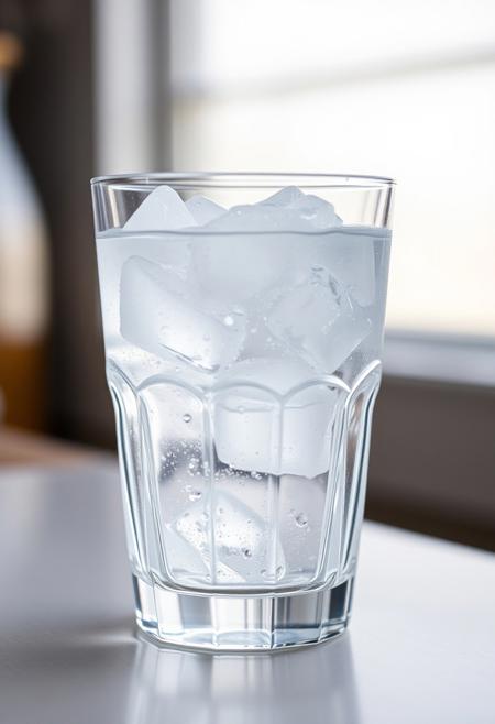 A glass of ice water, with water up to the rim of the glass