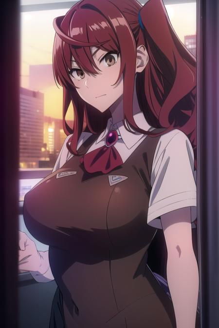 erikakuramoto, <lora:erikakuramototest:1>,
erika kuramoto, twintails, (red hair:1.5), two side up, (brown eyes:1.5), hair between eyes, (large breast:1.2),
BREAK collared shirt, shirt, ascot, red ascot, juliet sleeves, short sleeves, sweater, brown sweater vest,
BREAK looking at viewer,
BREAK indoors, classroom,
BREAK <lora:GoodHands-vanilla:1>, (masterpiece:1.2), best quality, high resolution, unity 8k wallpaper, (illustration:0.8), (beautiful detailed eyes:1.6), extremely detailed face, perfect lighting, extremely detailed CG, (perfect hands, perfect anatomy),