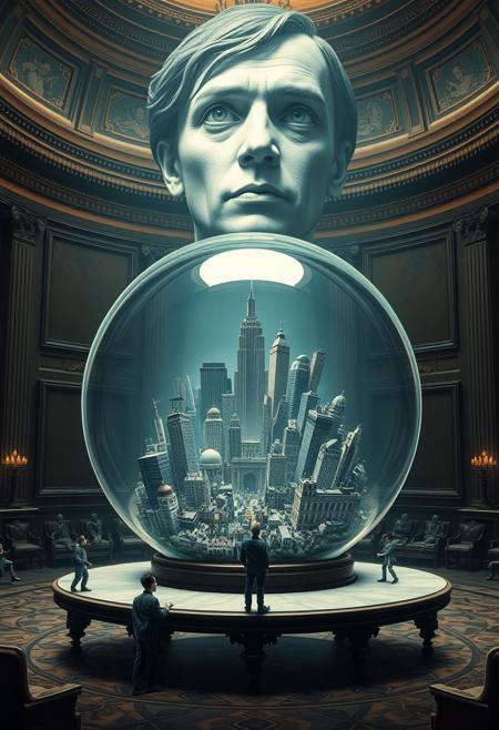 The image depicts a city trapped within a glass sphere, a delicate yet impenetrable prison that isolates it from the outside world. This sphere rests on a table in a grand hall.
Inside the sphere, the tiny inhabitants of the city, aware of their confinement, look up with awe and terror. They see a giant face looming above them, peering down into their world. For them, this person outside the sphere fills the sky like an omnipotent being, creating a blend of fascination and fear as they observe this colossal figure.
The hall remains eerily silent, heightening the drama of the scene. The encounter between the tiny observers inside the sphere and the observed figure outside is filled with wonder and subtle horror. Both sides experience a strange mix of power and vulnerability in a moment that is deeply unsettling and captivating.