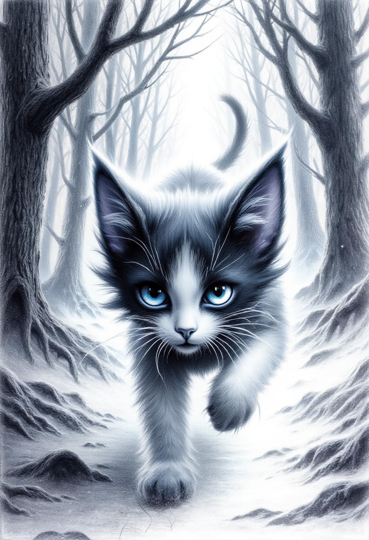 The black and white cat swiftly dashes through the dense forest, its paws leaving behind swift, dark impressions on the soft, moist earth. The rough sketch captures the agile grace of the feline, with erased lines suggesting a dynamic, energetic movement. This pencil drawing is a masterful work of art, trending on ArtStation for its captivating simplicity and intricate details. The blue pencil adds depth and contrast, creating a dreamlike atmosphere that highlights the cat's swiftness and the forest's mysterious allure.blue eyes ,  <lora:glowing_flux.safetensors:1.0>,  <lora:FluxDFaeTasticDetails.safetensors:1.0>,