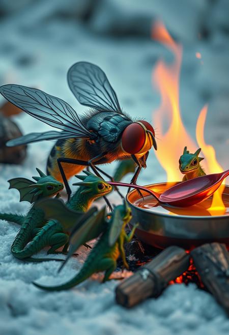 surreal VFX, big domestic fly stirring broth  with a steel red spoon on a campfire, sitting with a group of little green dragons with dark green wings seen under an electron scanning microscope, with details, snow, winter, vivid colors
