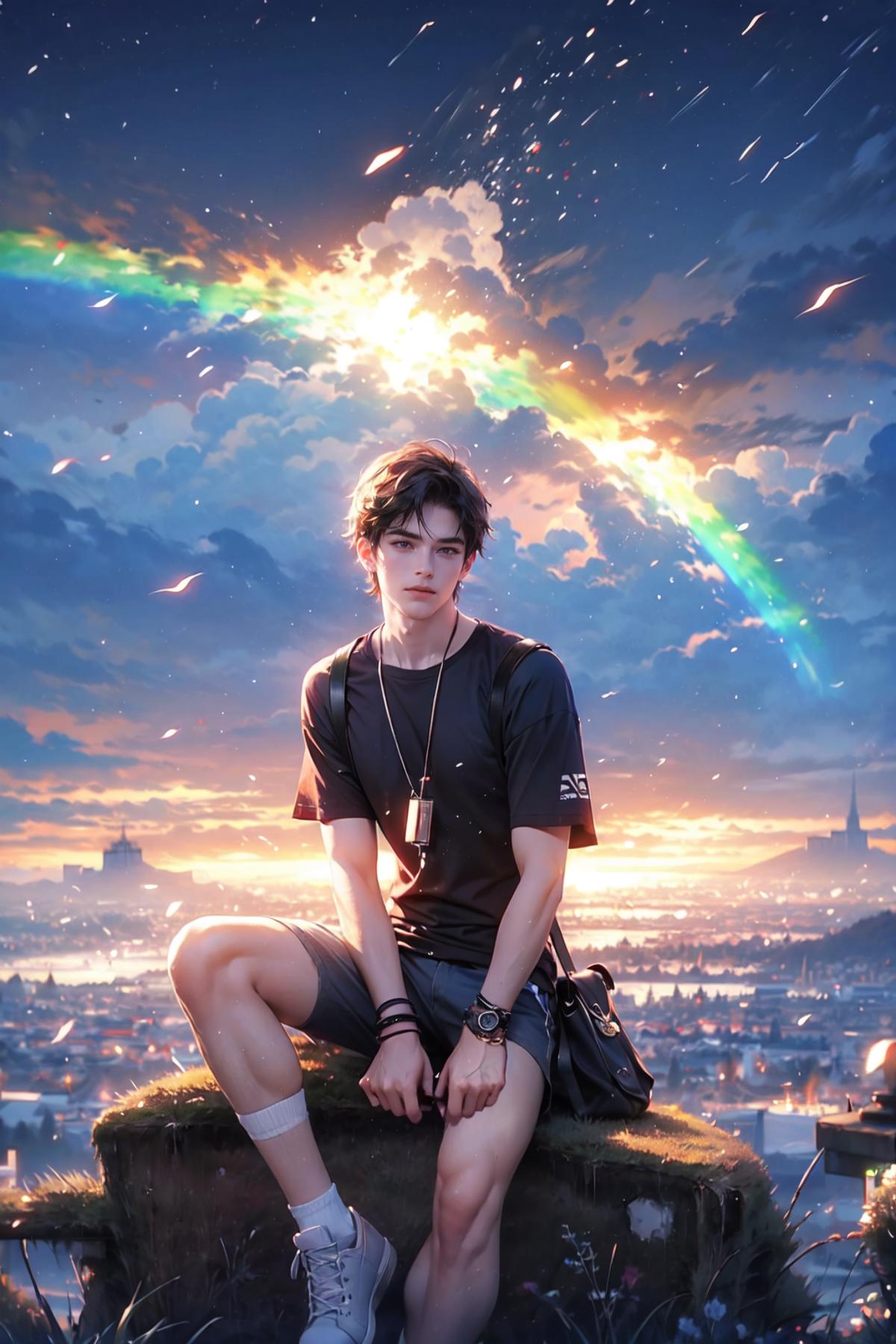 The image features a young man sitting on top of a rock, overlooking a city with a backdrop of a colorful rainbow. He is wearing a black shirt and shorts and has a watch on his wrist. The scene appears to be an artistic depiction, possibly in a manga style. The man is also holding a handbag, which adds to the overall composition of the image.
