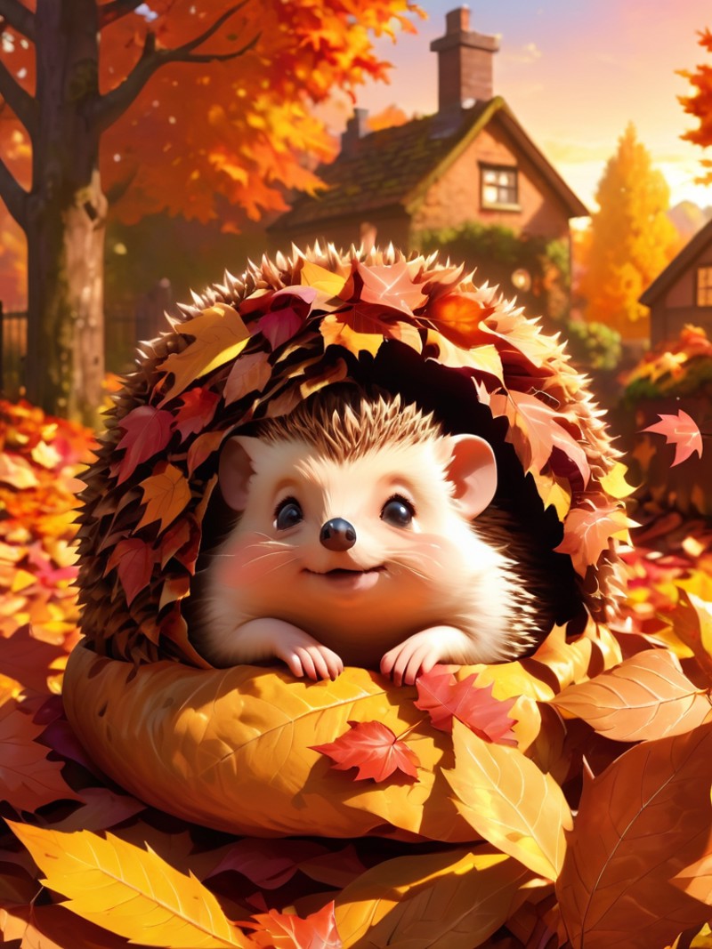 A heartwarming scene of a round, soft hedgehog curled up in a colorful pile of autumn leaves, its tiny nose peeking out, w...