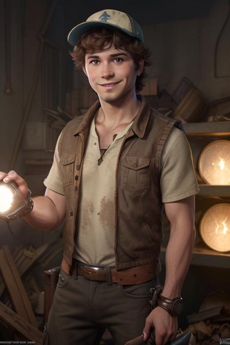dipper_pines, muscular, stubble, goatee, cowboy shot, khaki color baseball cap, vest, brown eyes,  hairy chest,  smile, looking at you, red shirt, abandoned facility, holding mechanical flashlight, Clutter-Mechanical,   <lora:add_detail:1>,  <lora:dipper_pines:0.65>