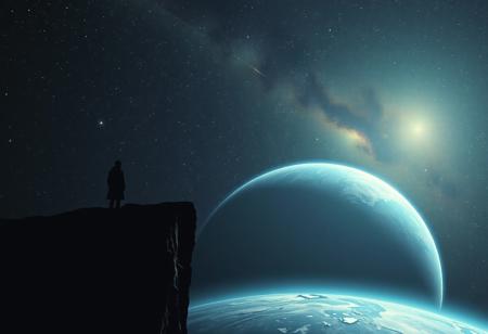 One shadowy figure standing on the edge of a cliff in space in solitude, gazing down at a planet below woundering if he's alone in the vast cosmos of reality ,  stars and galaxies  fill the background in representation of the deep endless sadness and loneliness that fills him to the core,