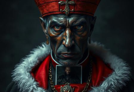 A , highly detailed portrait of a priest in a dark red and black robe, with white fur trim and dark skin, exuding doubt and exasperation. A Catholicpunk influence is evident, with a mitre and ornate denning. The richly defined face and collar, along with the photo of Sephiroth, add intrigue. The image is 4K, high-resolution, with sharp focus, vivid colors, and cinematic lighting. Trending on CGSociety, Artstation, and Behance, this artwork showcases exceptional quality, precise detail, and a powerful message. The priest's doubtful expression and the image of Sephiroth create a captivating and thought-provoking contrast.