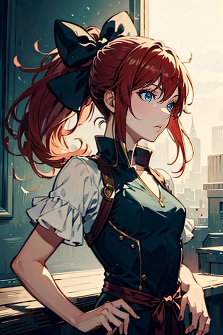 masterpiece, high quality, <lora:Lynn[V2_Mid]:0.8> Lynn, 1girl, solo, hair bow, ponytail, red hair, blue eyes,