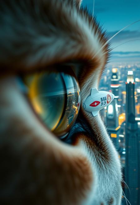 extreme close up portrait of a cat's eye reflecting the a futuristic Tokyo skyline at night from a very high level, the skyline is with futuristic skyscrapers and futuristic transports and futuristic aircraft and spaceships in a variety shapes and sizes, the airships covered with lights and advertisements in Japanese,  reflecting in the cat's eye is a huge airship that has an advertisement with a Japanese cat on the side, the cat's eye has takes up 85% of the image