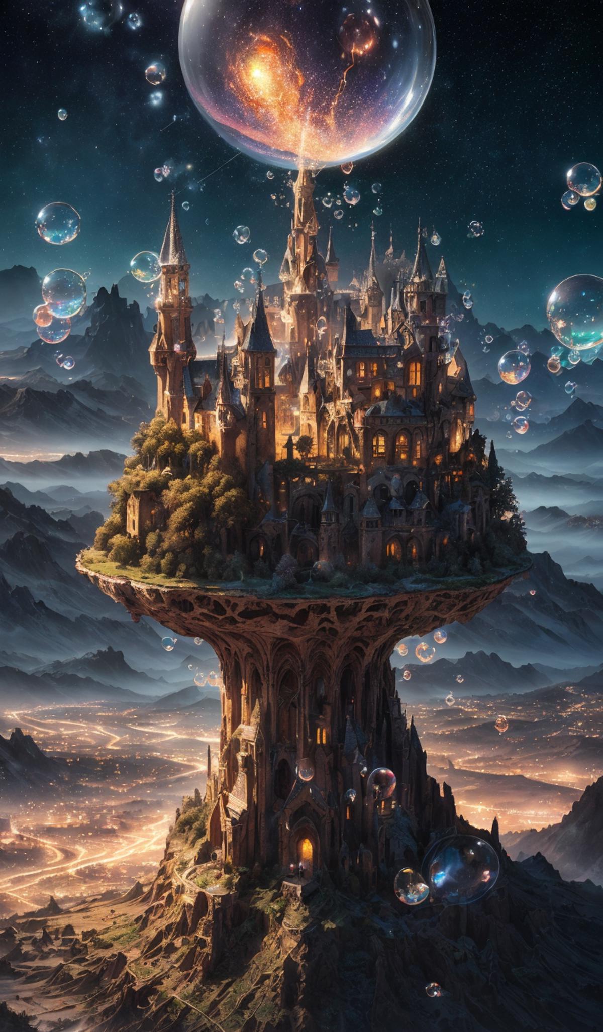 A Castle on a Mountain surrounded by Bubbles and Mountains, with a Medieval and Fantasy atmosphere.