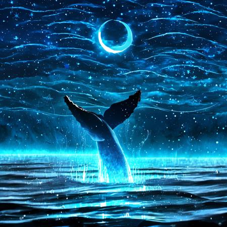 <lora:star_xl_v2:1>,
a whale jumping out of the water at night with stars and a crescent above it and a crescent of stars above it, outdoors, sky, water, no humans, night, animal, moon, star \(sky\), night sky, scenery, starry sky, reflection, fish, blue theme, crescent moon, whale, The image showcases a breathtaking nighttime scene over a body of water. Dominating the foreground is a majestic whale, its tail raised high, seemingly leaping out of the water. The whale is illuminated with a radiant blue glow, contrasting beautifully against the dark backdrop. Above the whale, the sky is awash with a myriad of stars, forming intricate patterns and trails. A crescent moon hangs in the sky, adding to the ethereal ambiance. The water below reflects the stars and the moon, creating a mirror-like effect. The overall mood of the image is one of wonder, serenity, and the beauty of nature., body of water, nighttime scene, stars, trails, ethereal ambiance, wonder