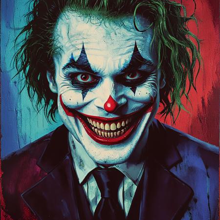 <lora:SurrealHorrorMovieSDXL:1> Surreal Retro Horror movie Still, The image shows a painting of a man with a joker face on a red and blue background. His face is painted in a realistic style with a wide toothy grin and a sinister smirk. His eyes are wide and his mouth is slightly open as if he is about to speak. His hair is wild and unkempt and his skin is a deep dark shade of red. He is wearing a black suit with a white shirt and a black tie., smile, solo, grin, male focus, 1boy, teeth, looking at viewer, evil smile, evil grin, portrait