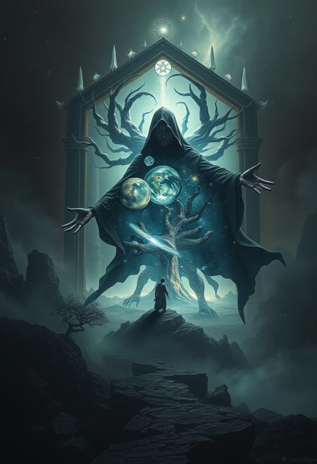 A universe inside a dark cloaked figure within mysterious landscape in an unfathomable realm of fantastic creation inhabited by ancient shadows of a forgotten time beyond the gate of the gateless gate where life is limitless, light is shadow and shadow is light, eerie sense, horror, spark of the beginning, existence and nonexistence at once, ethereal, outstretched arms, behold the end of the beginning, inglorious glory to the dark one, betrayal of the ancient order, beware the 7headed beast, destroyer of the old ways, bearer of the unbearable, nightmarish, archaic runes, tree aging backwards, breath of the gods