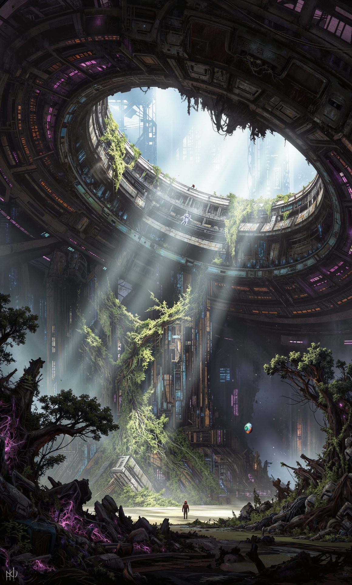 A sci-fi scene where nature has reclaimed a massive abandoned technological structure. The perspective is from ground level, looking up at a colossal chamber with a circular opening at the top that allows beams of light to penetrate the cavernous space. The walls are lined with deteriorating technological components and architectural elements displaying purplish and orange lighting still functioning despite apparent abandonment. Lush green vegetation cascades down from various levels; vines and small trees grow from cracks in the structure, and strange purple energy creeps in at the edges of the scene. In the midground stands a tiny figure, dwarfed by the immense scale of the environment. The atmosphere is misty and ethereal, with dust particles visible in the light rays.