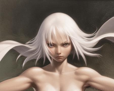 <lora:Claymore-r8:1>
(upper body)
(solo)
(1girl)(facing viewer)
(medium white hair)
nude, neckerchief