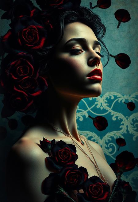 studio light photography, 1930s technicolor movie still, vintage allure, analog raw photo, dramatic lighting dimlit backlit, art by [ Etam Cru, Ralph Steadman, Erte, Mads Berg ], extreme detailed skin, hyperrealistic skin texture and details, in the style of [splash art, alcohol ink, art deco, detailed, dark fantasy, two parts in one art, double exposure, Beautiful sensual lady falling down disintegrating into black rose petals, exploding, psychedelic, vibrant colors, complex detailed background, dark tales, rococo punk, sea marine waves backdrop, nightmare, psychedelic, contemporary Ukiyo-e, surreal, nature, abstract shapes and patterns, lively atmosphere, dreamy, pastel colors, highly detailed beautiful face, iridescent, 2d, flat, cute, adorable, vintage, art on a cracked paper, patchwork, stained glass, fairytale, storybook detailed illustration, cinematic, ultra highly detailed, tiny details, beautiful details, best quality, mystical, luminism, vibrant colors, complex background ]