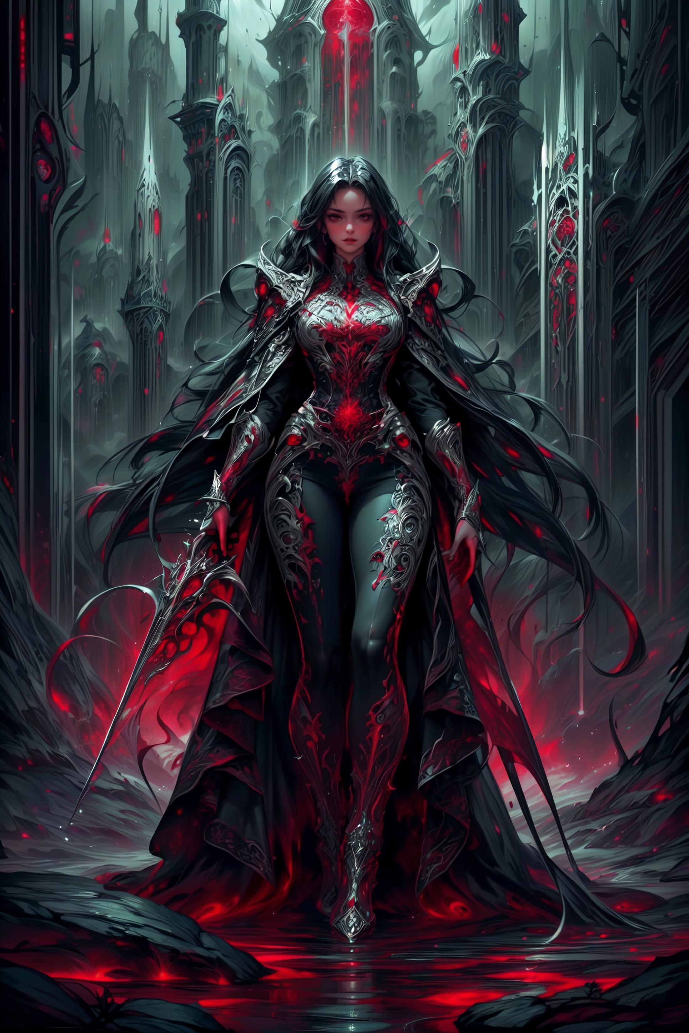 A dark and mysterious fantasy artwork featuring a woman in a black dress with a sword, set against a dramatic backdrop.