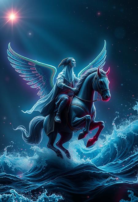 Ghostly Pirate riding a digital flying ((seahorse)), coral wings, saddled, stormy sea, digital rainbow matrix particles, rays of digital starlight, realistic, beautiful clarity, best quality, super details, 8K, style neon, epic detailing, creative, vibrant, masterpiece, ultra HD, best resolution, ultra-detailed, best quality, sharp edges, detailed textures, beautiful artwork, amazing visuals