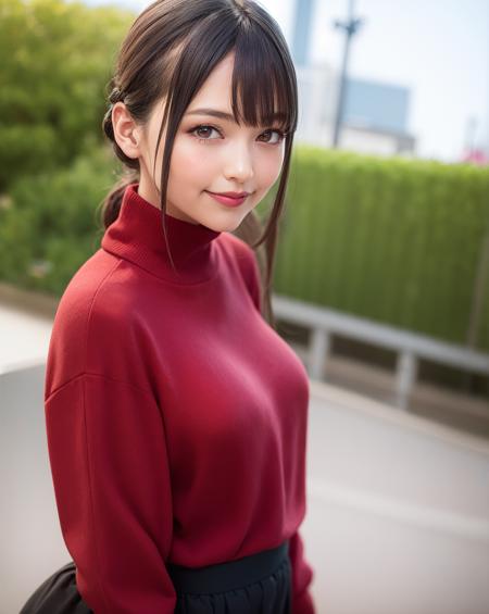 1girl,lipstick,eyelashes,smiling , 
looking at viewer,outdoors,sweater,skirt,
unparalleled masterpiece, ultra realistic 8k CG, clean, beautiful face,  <lora:UesakaSumire_LoCon:0.45>