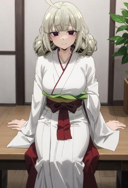 best quality, masterpiece, highres, solo, {kiwi_araga_mahoushoujoniakogarete:0.90}, {white kimono:1.35}, {red hakama:1.35}, {wide sleeves:1.20}