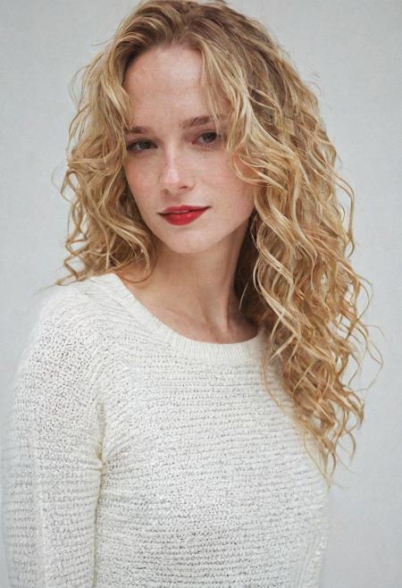ASCII oil portrait of a girl with extremely small breasts, (nipple outline, pokies under shirt:1.4), long blonde wavy hair, extremely beautiful woman, narrow face, model,  red and white clothing, wearing tight sweater, simple background, gradient background, pale skin, white girl, detailed skin, looking at viewer, small smile, cinematic, great shading, moody slighting, (by Hope Gangloff:1.2),