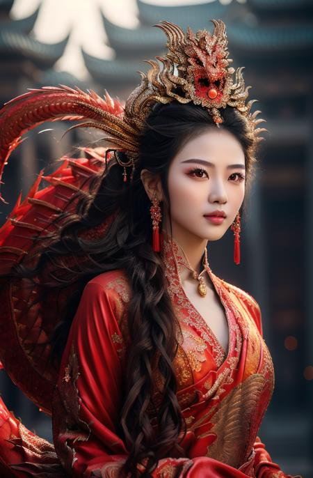 8K ,((masterpiece)),((highly detailed)),
1girl, Chinese ancient-style beauty,((an extremely delicate and beautiful)), queen,(((detailed head))), (((facial close-up))), flowing hair, phoenix crown, wearing a ((red dragon-phoenix gown)), with a( bell tower) background, slight depth of field,smirk