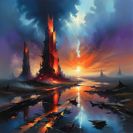detailed, high resolution, eerie, atmospheric, foreboding
Abstract illustration, surreal fractured landscape, twilight sky with deep indigo to fiery orange gradient, towering geometric towers resembling shattered glass and steel beams, inner light glowing within structures, dark polished surface reflecting light, ethereal swirling fog in muted purples and blues, vibrant golds and reds in the distance, bursts of light and shadow creating dynamic contrast, white beam of light piercing the sky symbolizing memory and hope, abstract expressionism and digital futurism hybrid, bold colors with intense reds, blacks, golds, and silver, light casting long stretched shadows, broad sweeping brushstroke textures enhanced with digital precision, mist swirling at the base of the scene, radiant sky evoking reflection and honor, powerful and dramatic atmosphere, otclillsn, style of Andreas Achenbach, novuschroma37 style, novuschroma38 style