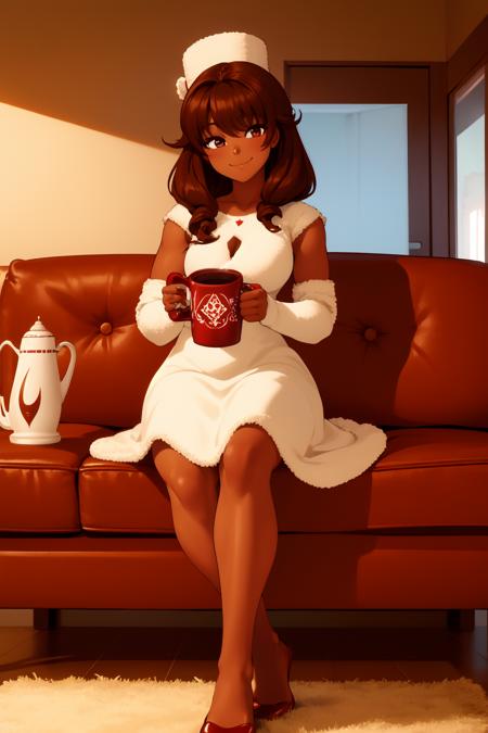 cocoacookie, holding mug of cocoa, smiling, solo, fullbody, detailed background, in a house:1.5, best quality, masterpiece, high resolution, dark skin, 1girl, absurdres <lora:cocoacookie_v1.2:0.8>