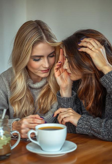 two lovely women at the breakfast table over coffee, one blonde, 20yo, looking at her cup of coffee, relaxed, thinking of a pleasurable last night, the other woman, shoulder length hair brunette, 30yo,  large eyes, looking at the blonde lovingly, reaching out with her hand to move a strand of hair back from the blonde's forehead, close up on faces,