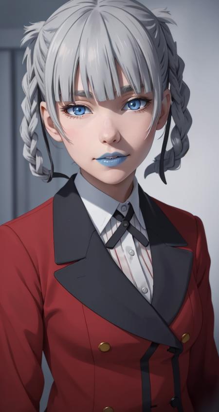 <lora:VRAMs3DMomobami640:0.5> , 1girl, xyzmomobami, hair rings, grey hair, masterpiece, beautiful, portrait, blue lips, closeup, pleated skirt, red coat, school_uniform