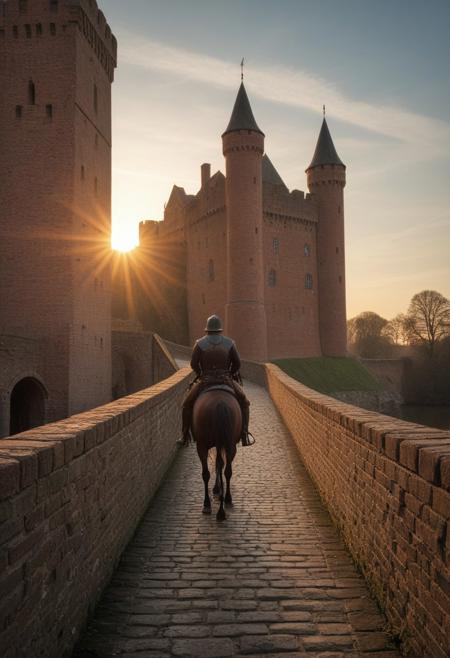 medieval brick castle viewed from a brick bridge at the base of the castle, horse with horseman, sunrise lighting