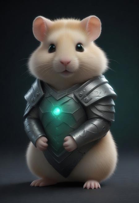 animal, armored hamster, intricate scales, novuschroma54 style armor plating, glowing gemstone embedded in bracer, slit pupils, futuristic design, green energy accents, reinforced metallic structure, detailed textures, high-tech aesthetic, cinematic lighting, dynamic pose, fantasy cybernetic fusion