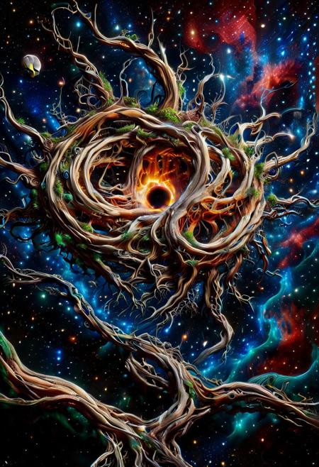 morph-treeroots Style, tree roots, vivid colors, intricate detail, a blackhole made of tree roots, in space, morph-treeroots style, grgnt