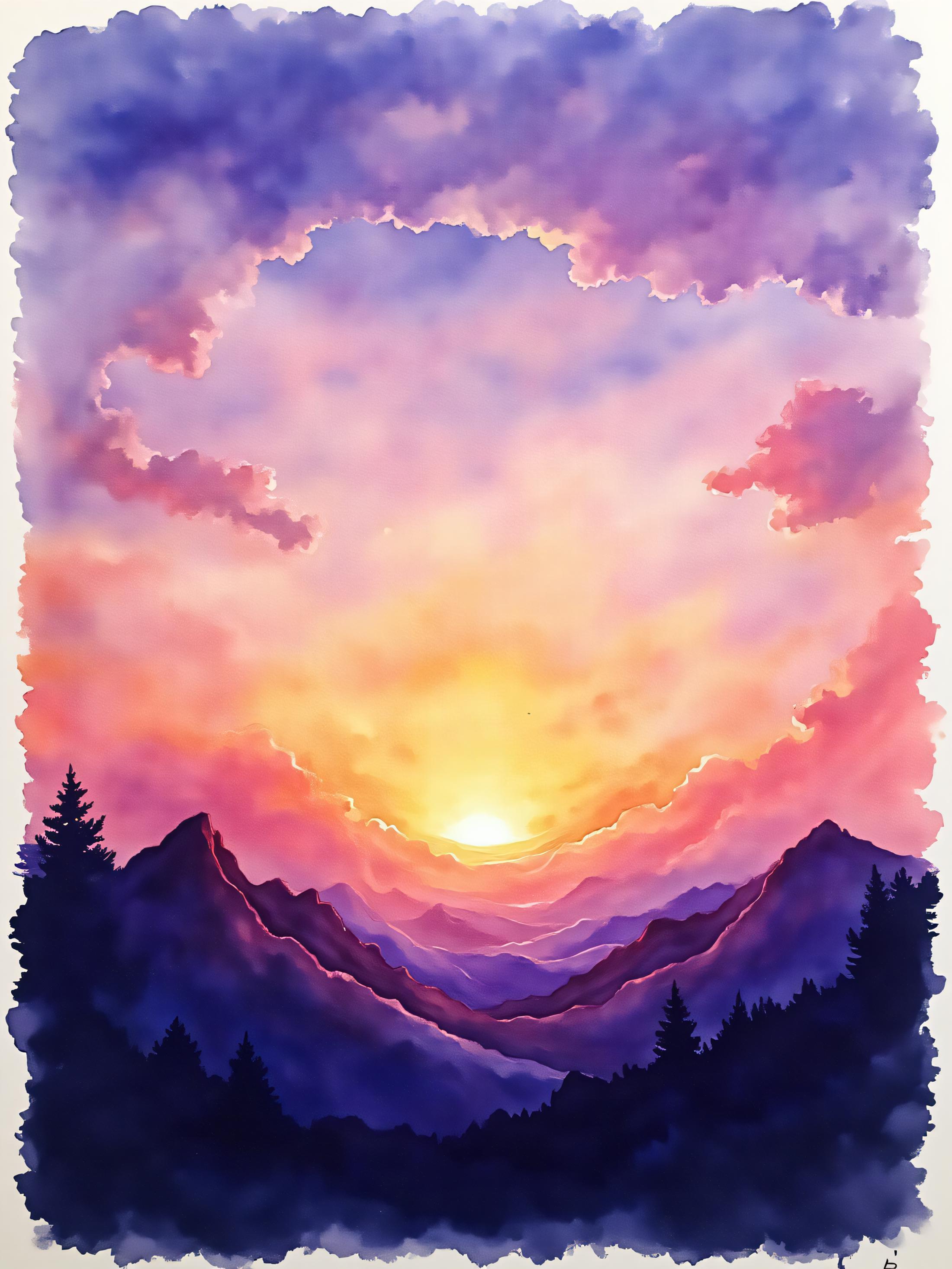 ArsMJStyle, Watercolor, Gradient Wash Technique, A sunset over a mountain range, with colors transitioning smoothly from deep oranges and pinks at the horizon to darker purples and blues in the sky. The mountains are silhouetted in deep shadows, enhancing the dramatic effect.