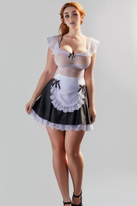 l4c3m41d, skirt, large breasts, white background, apron, maid, see-through white lace top, 