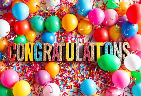 One word, ("CONGRATULATIONS"),  ,big block letters, beautiful font, bright colorful letters, surrounded by colorful balloons and streamers, confetti explosion, detailed, sharp, HDR, good quality, good resolution, maximalist, masterpiece,