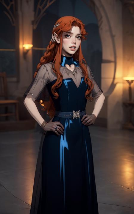 ((masterpiece, best quality)), insaneres, absurdres, solo, looking at viewer, 
BlueDress_Lenore_ownwaifu, 
1girl, long hair, red eyes, blush, pointy ears, lips, breasts,  red hair, hair ornament, braid, fangs, makeup, lipstick, black lips, vampire, very long hair, wavy hair, colored skin, blunt bangs,
cleavage, dress, jewelry, gloves, blue dress, see-through, grey gloves, see-through sleeves, ring,  long dress,  belt, choker, bracelet, 
(contrapposto, hand on hip)<lora:CARTOON_Castlevania_Lenore_ownwaifu:1>,
 depth of field, vanishing point, garden, sidelighting,