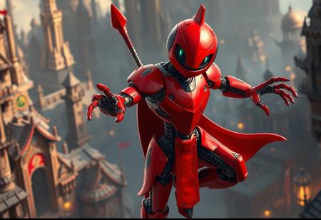 A vibrant red detailed Robotic Knight with black accents, a friendly round head, agile elongated limbs, poised in a dynamic action stance, arms outstretched, legs bent, head tilted, amidst the architecture of a Hidden City. Futuristic epic style, lifelike quality, splash ink illustration, Grammer effect, Raphael, Houdini influence. Captivating lighting. Impeccable composition, creative isometric angle. High-res 4K, Octane Render, Unreal Engine 5, matte painting quality, sharp lines, stunning harmonious colors, intricate detail. Trending on ArtstationHQ, CGSociety, Golden Ratio.