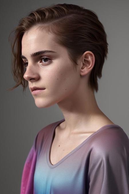 (CR-Emm4W4tson-XxsatornxX:0.9), photo of young woman in gradient grey background, (oiled shiny skin:1.0), undercut hair,(tilted angle shot:1.0),
8k uhd, high quality,