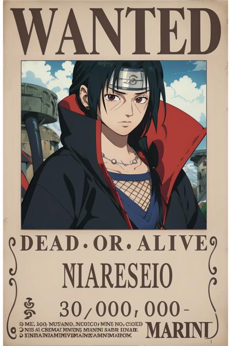 (best quality, masterpiece:1.2),1girl,beautiful detailed face,haizeiwang/\(wanted/\),<lora:wanted poster:0.6>, <lora:naruto_uchihaitachi-10:1>, uchiha itachi, long hair, forehead protector, ninja, cloak, high collar, jewelry, necklace