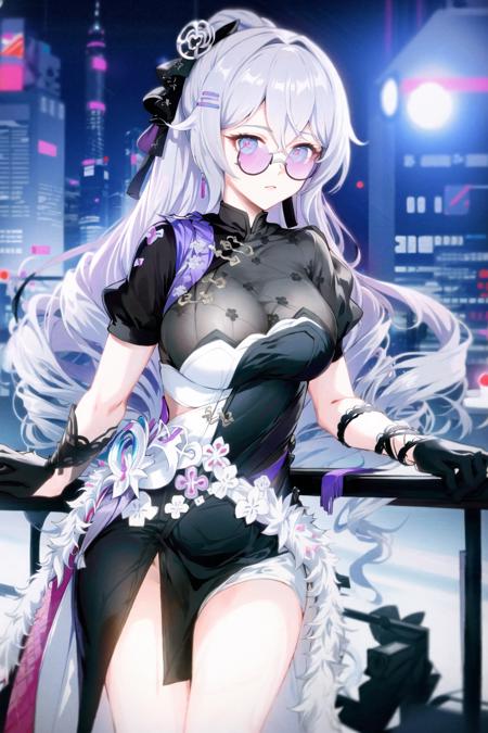 (Realistic painting style:0.9), masterpiece, best quality,  absurdres, looking at viewer, solo, bronya zaychik \(heart of the night\), red pupils, bronya zaychik, 1girl, solo, gloves, black gloves, looking over eyewear, tinted eyewear, long hair, grey eyes, purple-tinted eyewear, breasts, looking at viewer, sunglasses, grey hair, official alternate costume, large breasts, bangs, adjusting eyewear, dress, hair ornament, earrings, jewelry, glasses, drill hair, short sleeves, round eyewear, blurry, black dress, twin drills, half gloves, see-through, night, outdoors, city
 <lora:bronya_heart of the night_896_Lion_dim64_KohyaLoRA_fp16_1e-1noise_token1_18-3-2023:1>